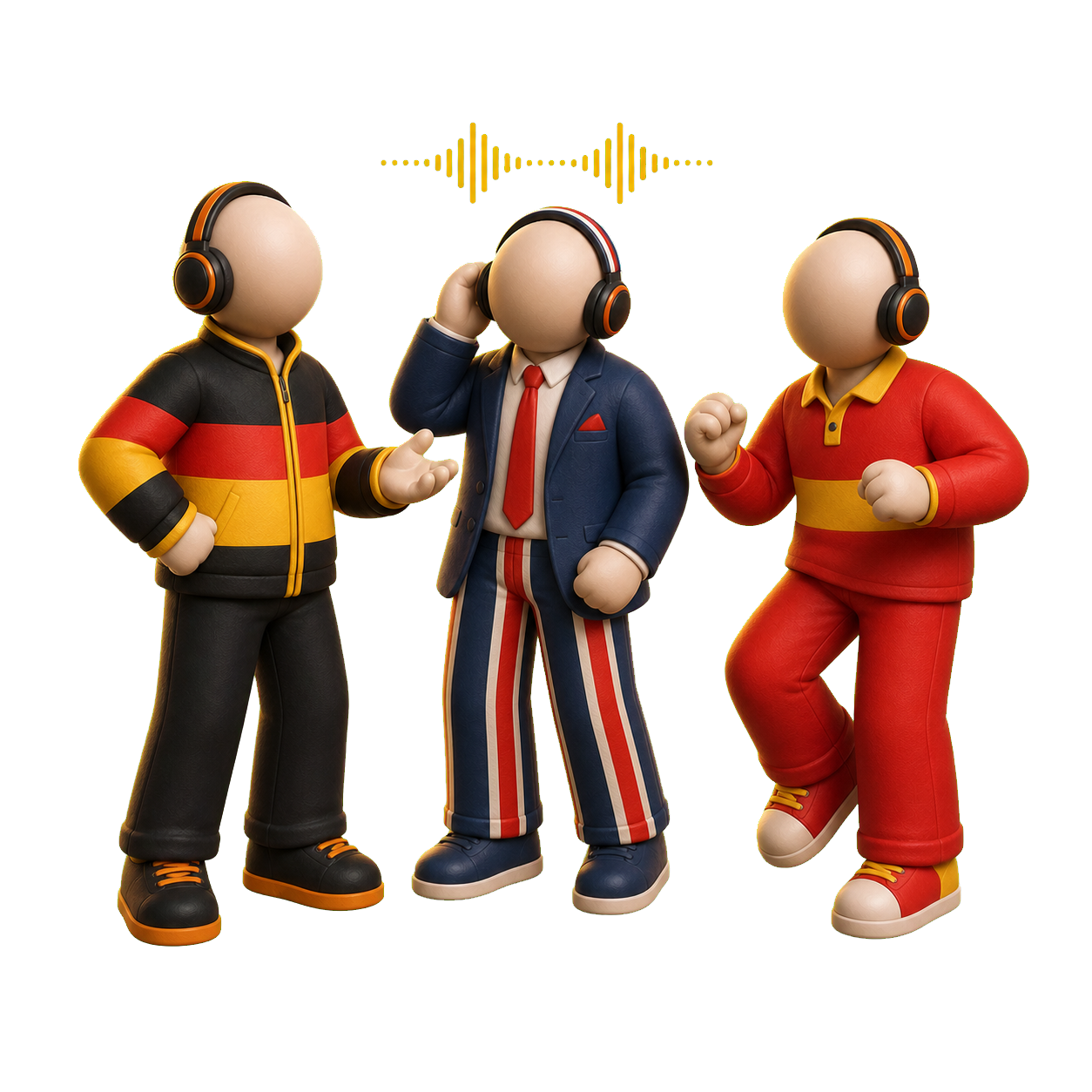 Drei stilisierte Figuren in deutscher, britischer und spanischer Kleidung hören gemeinsam Musik.